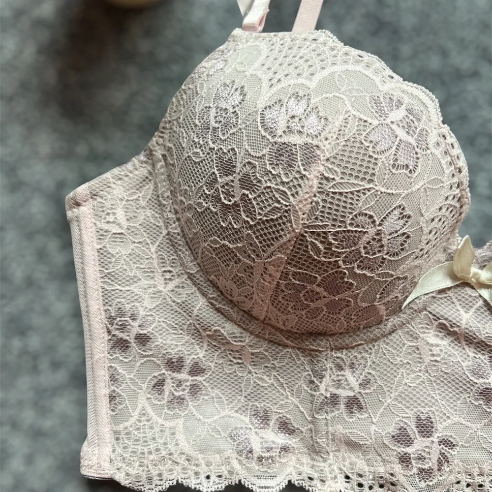 ***Final Drop*** NWT Sophie B Pink Lace over Gray Longline Bra 34C - Picture 2 of 13